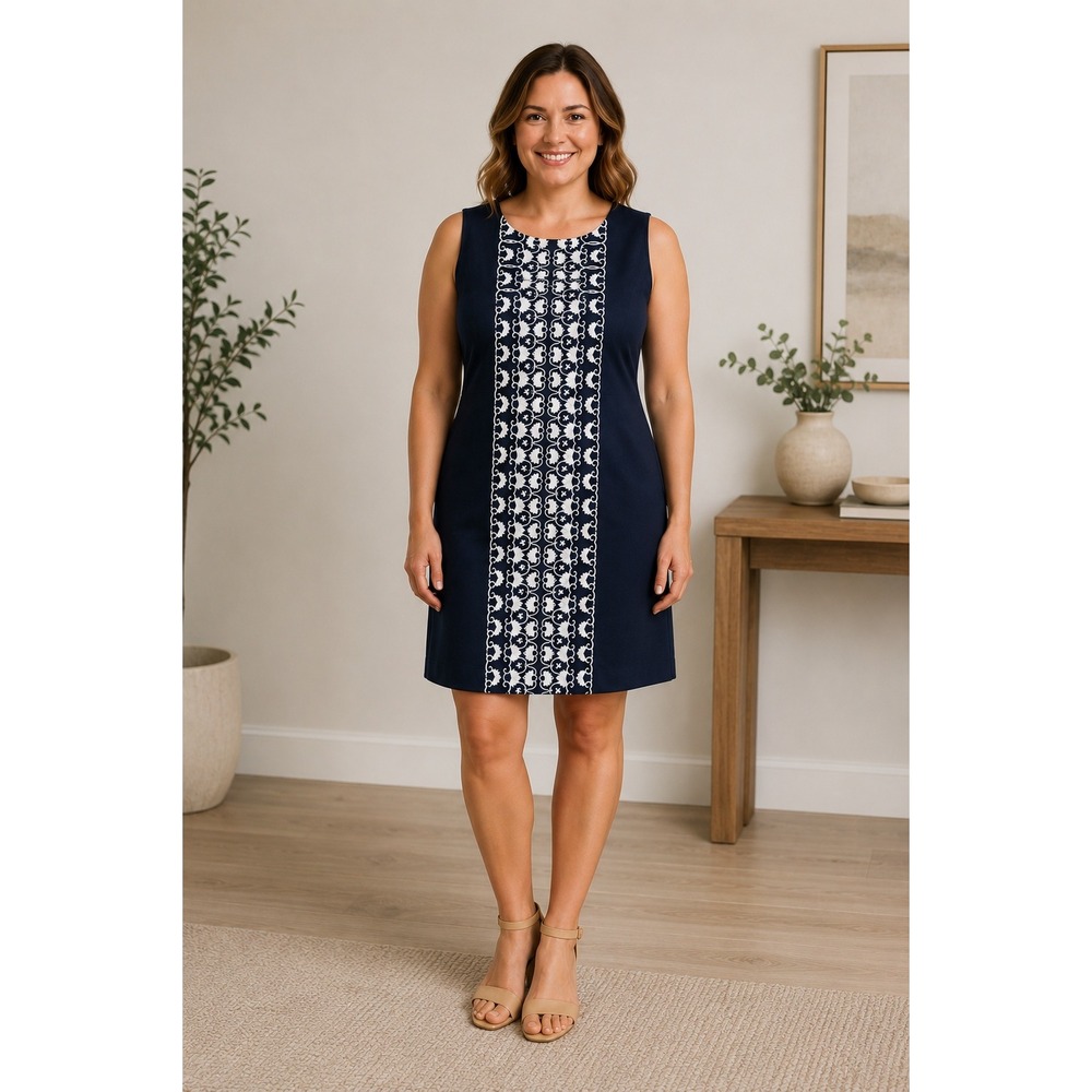 Anthropologie Tabitha Cotton Dress Womens 12 Navy Embroidered Preppy Cottagecore